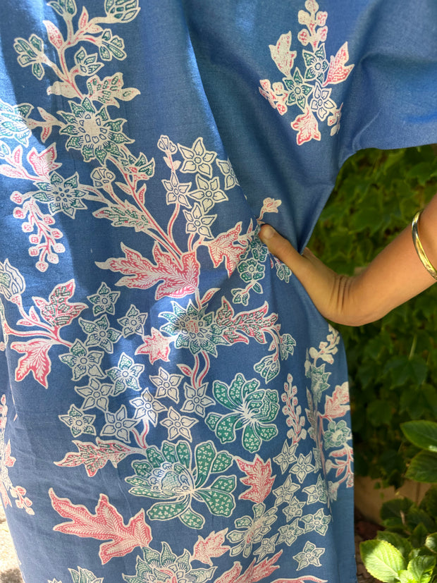Oversized Beach Shirt Dress - blue floral batik
