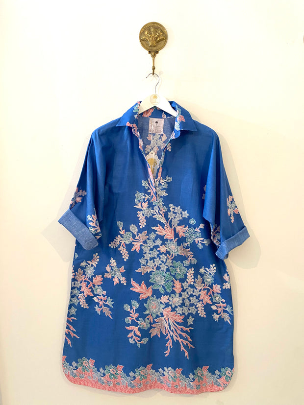Oversized Beach Shirt Dress - blue floral batik