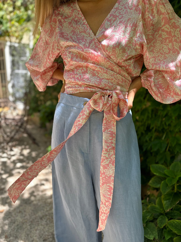 Light Powder Blue French Linen Palazzo Pant and Pink Floral Silk Blouse