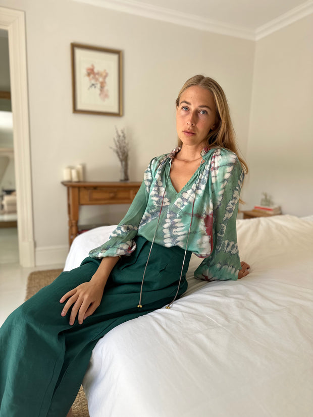 Havana Peasant Silk Blouse Green PRE ORDER