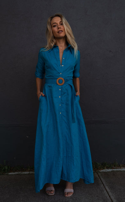 Palermo Dress in Blue Feather Linen