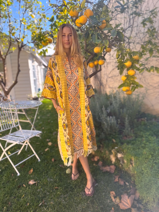 Oversized Beach Shirt Dress - Yellow Ikat