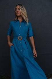 Palermo Dress in Blue Feather Linen