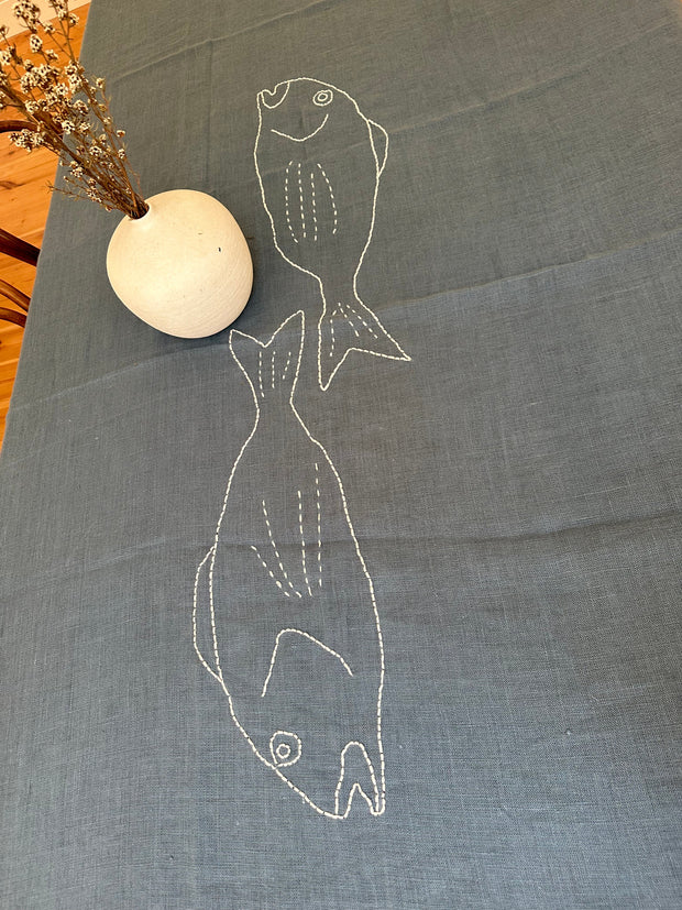 Yallingup Palms Heirloom Linen Hand Embroidered Fish Tablecloth.