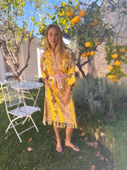 Oversized Beach Shirt Dress - Yellow Ikat
