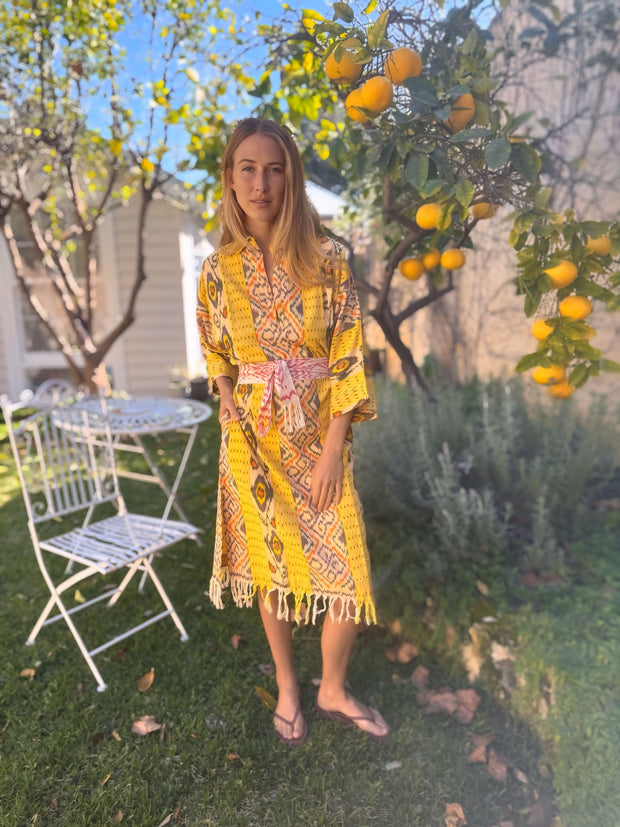 Oversized Beach Shirt Dress - Yellow Ikat
