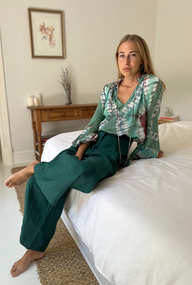 Havana Peasant Silk Blouse Green PRE ORDER