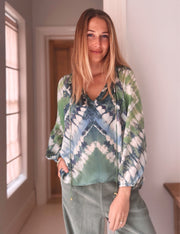 Havana Peasant Silk Blouse in Ocean Tide