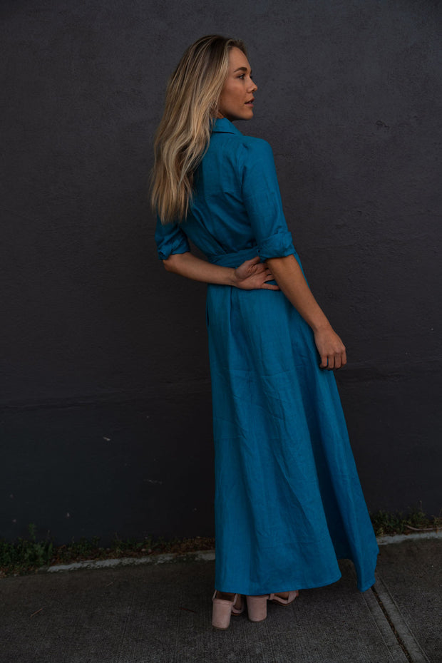 Palermo Dress in Blue Feather Linen