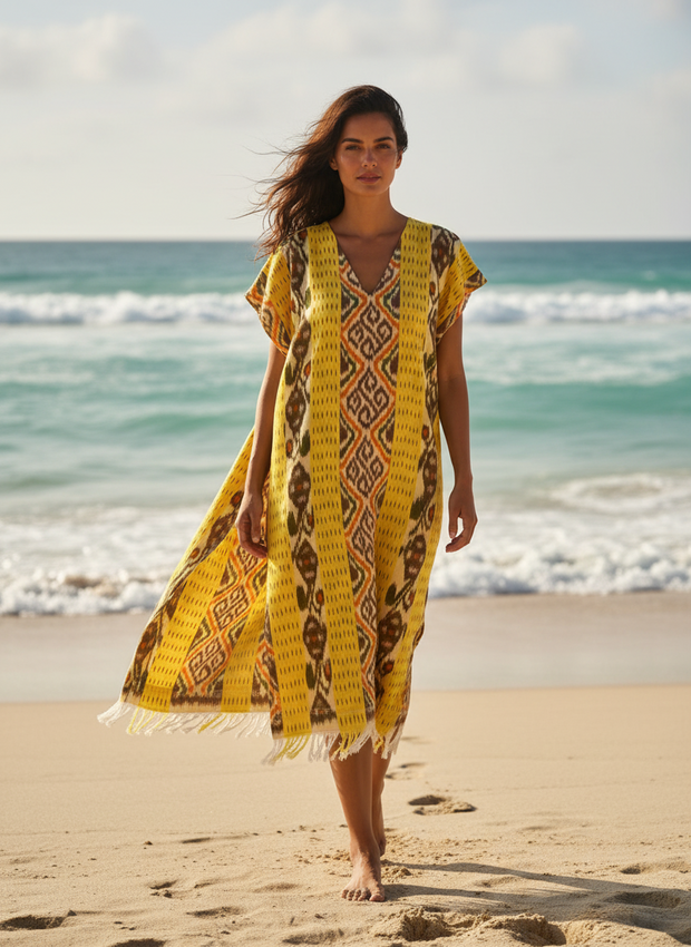 Ponza Island Dress in Yellow Flower Ikat