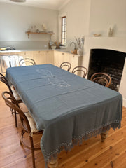 Yallingup Palms Heirloom Linen Hand Embroidered Fish Tablecloth.
