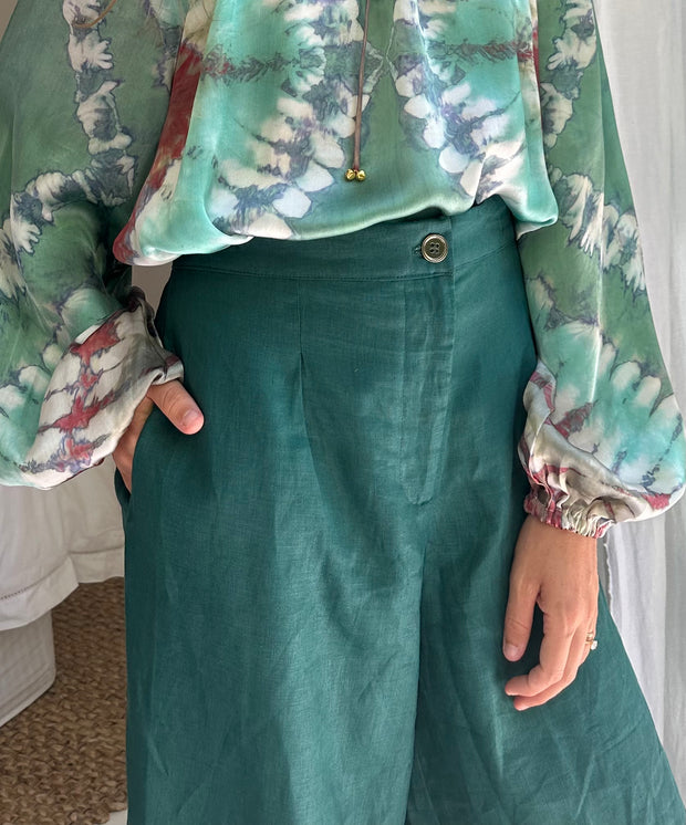 Havana Peasant Silk Blouse Green PRE ORDER
