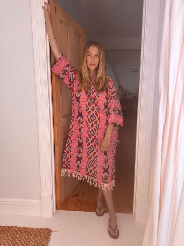 Oversized Beach Shirt Dress - Pale pink Ikat