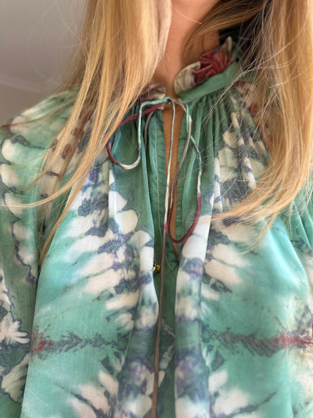 Havana Peasant Silk Blouse Green PRE ORDER
