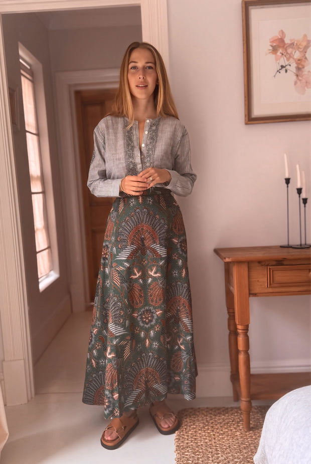 The Laurent Batik Maxi Skirt in Greenbird
