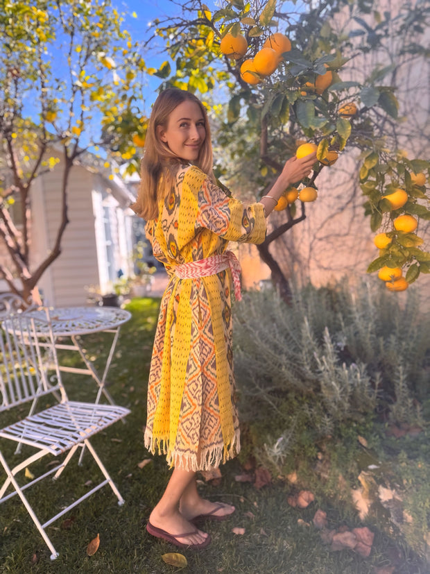 Oversized Beach Shirt Dress - Yellow Ikat