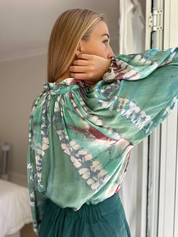 Havana Peasant Silk Blouse Green PRE ORDER