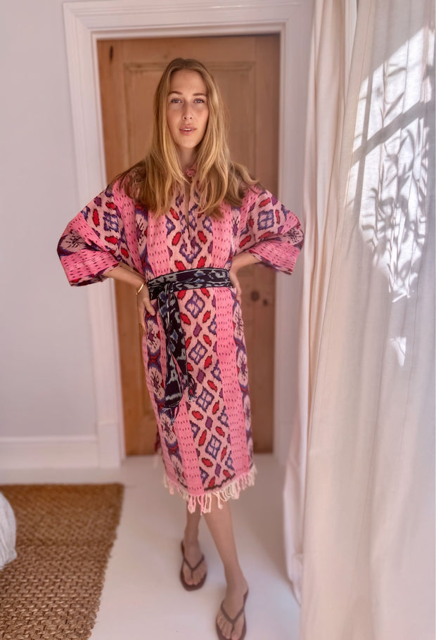 Oversized Beach Shirt Dress - Pale pink Ikat