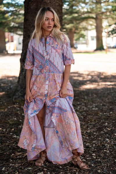 The "Sahana Poco” shirt dress is tiered from individual pieces of soft cotton batik patterned with different flowers &amp; vines - each flower and twisting vine is hand-drawn in intricate detail. By Iridescent Sea , Fremantle ,Perth