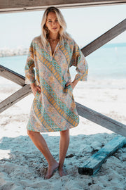 Oversized Beach Shirt Dress -Green and Gold Batik