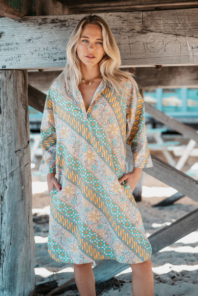 Oversized Beach Shirt Dress -Green and Gold Batik