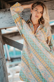 Oversized Beach Shirt Dress -Green and Gold Batik