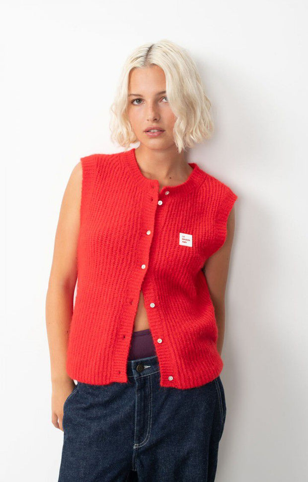 American Vintage EAST19 Sleeveless V neck Cardigan in Chilli melange