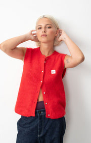 American Vintage EAST19 Sleeveless V neck Cardigan in Chilli melange