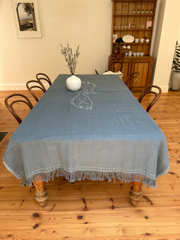 Yallingup Palms Heirloom Linen Hand Embroidered Fish Tablecloth.