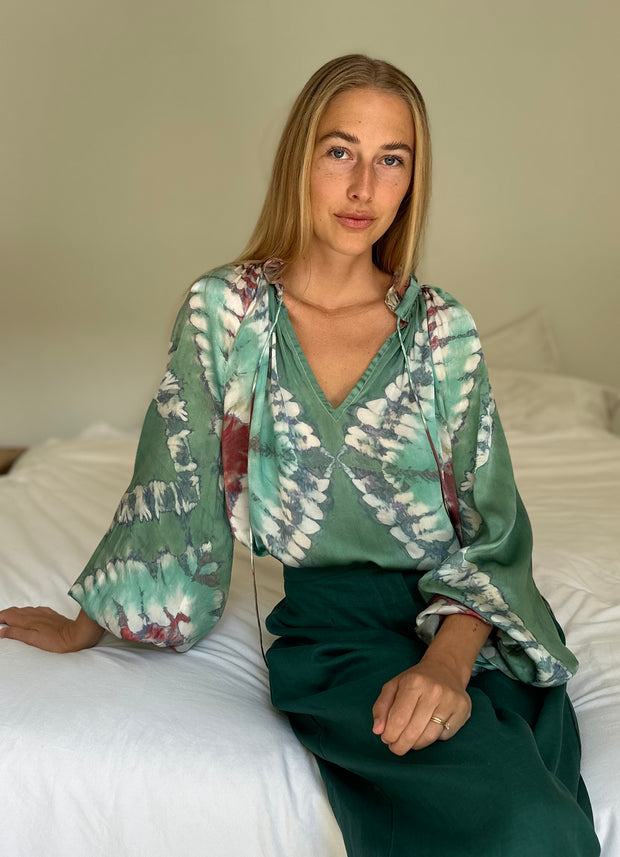 Havana Peasant Silk Blouse Green PRE ORDER