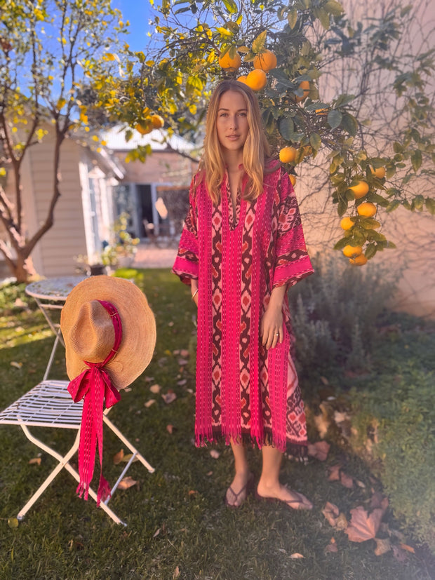 Oversized Beach Shirt Dress - Raspberry Ikat