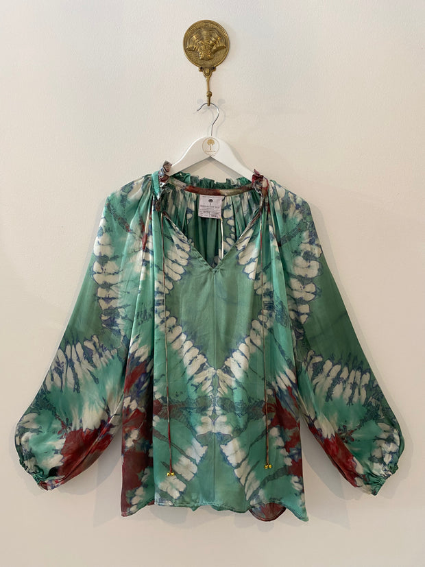 Havana Peasant Silk Blouse Green PRE ORDER