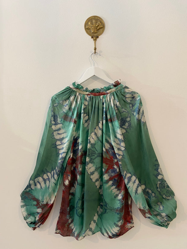 Havana Peasant Silk Blouse Green PRE ORDER