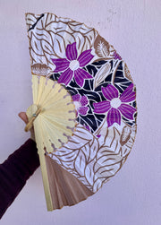 Batik Fabric Hand held fan 38cm Emerald Violet and White