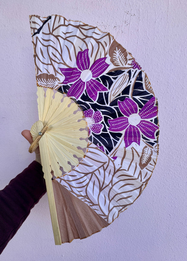 Batik Fabric Hand held fan 38cm Emerald Violet and White