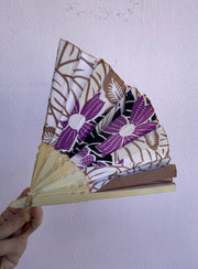 Batik Fabric Hand held fan 38cm Emerald Violet and White