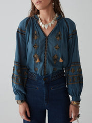 MAISON HOTEL Audrey Blouse in Celo Finito di Blu