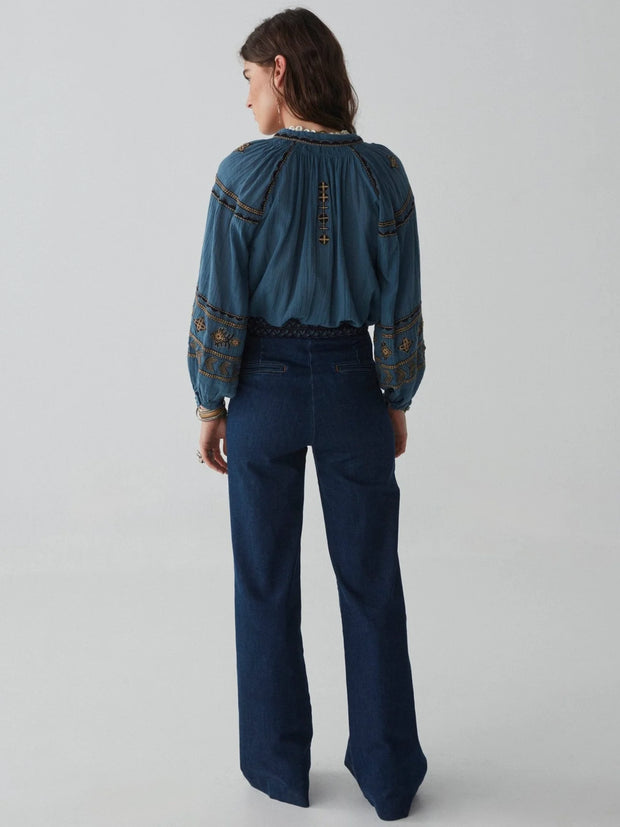 MAISON HOTEL Audrey Blouse in Celo Finito di Blu Iridescent Sea Fremantle Perth