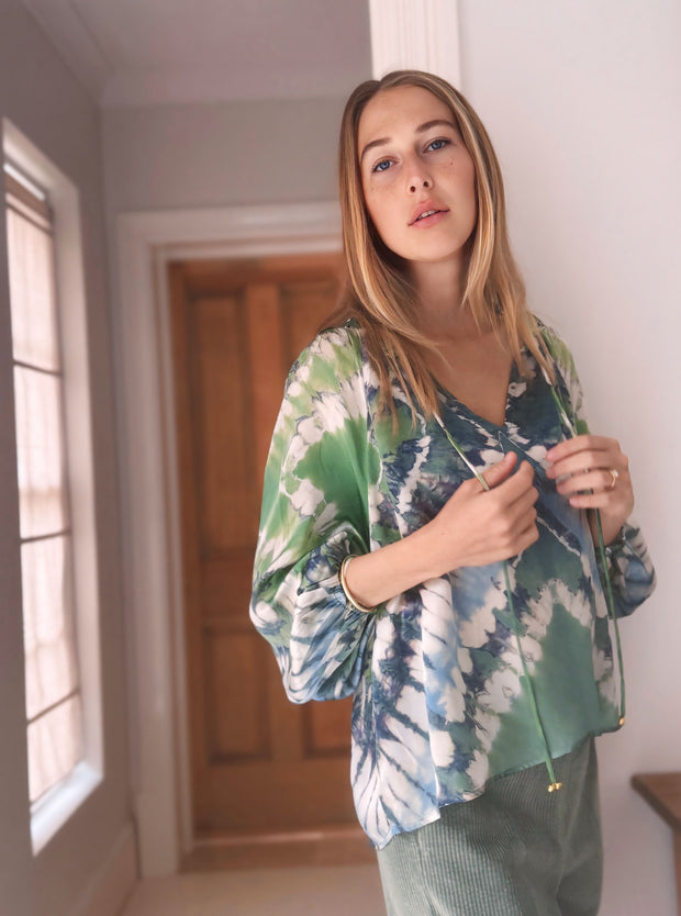 Havana Peasant Silk Blouse in Ocean Tide