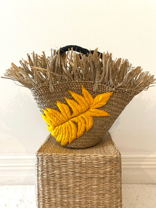 Yellow Leaf Small Raffia Tote