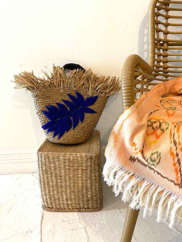 Blue Leaf Small Raffia Tote