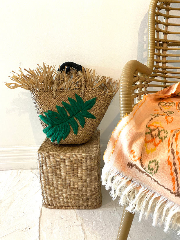 Green Leaf Small Raffia Tote