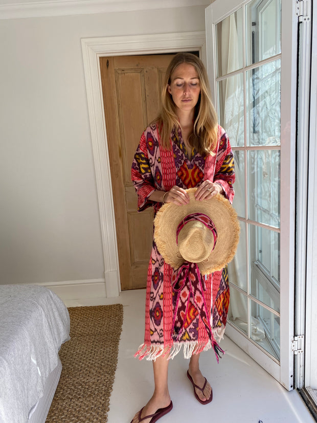 Oversized Beach Shirt Dress - Watermelon Pink Ikat