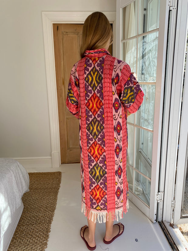 Oversized Beach Shirt Dress - Watermelon Pink Ikat