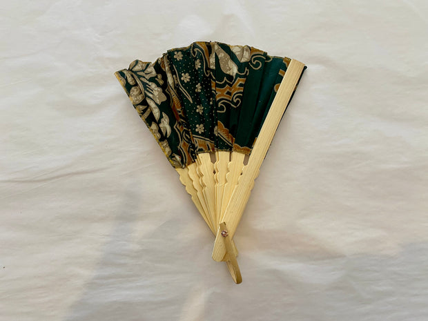 Batik Fabric Hand held fan 38cm Dark Green and Gold