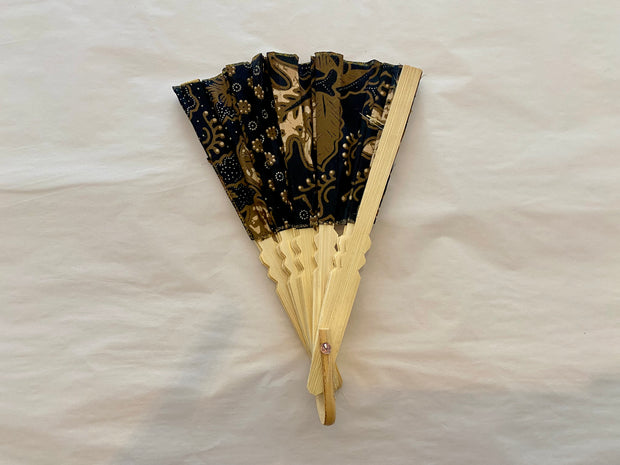 Batik Fabric Hand held fan 38cm Black and Gold Floral