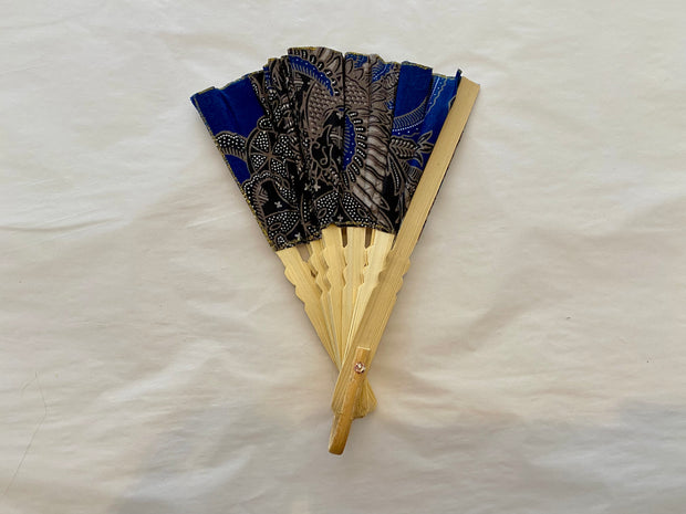 Batik Fabric Hand held fan 38cm Cobalt Blue