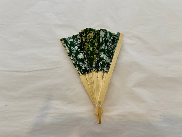 Batik Fabric Hand held fan 38cm Emerald green and White