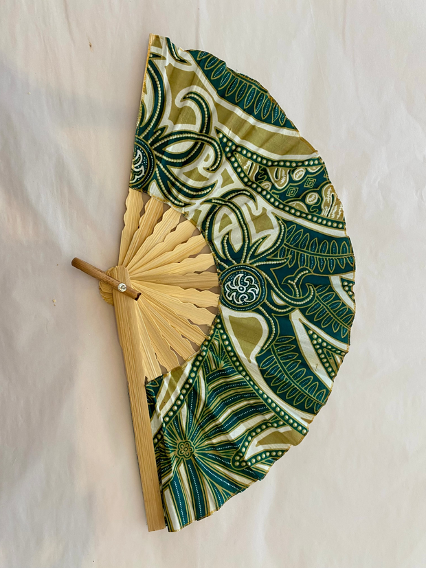 Batik Fabric Hand held fan 38cm Jungle Green