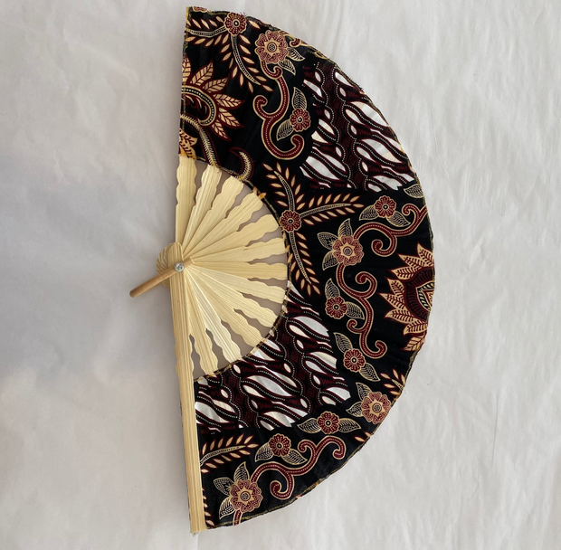 Batik Fabric Hand held fan 38cm Red Vine